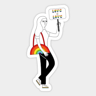 Girl holds a poster with the slogan Love is Love Sticker